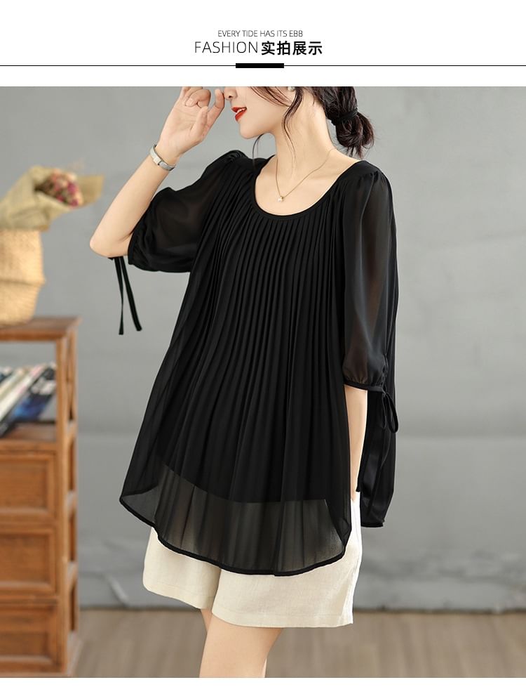 Scoop Neck Pleated Elbow Sleeve Blouse