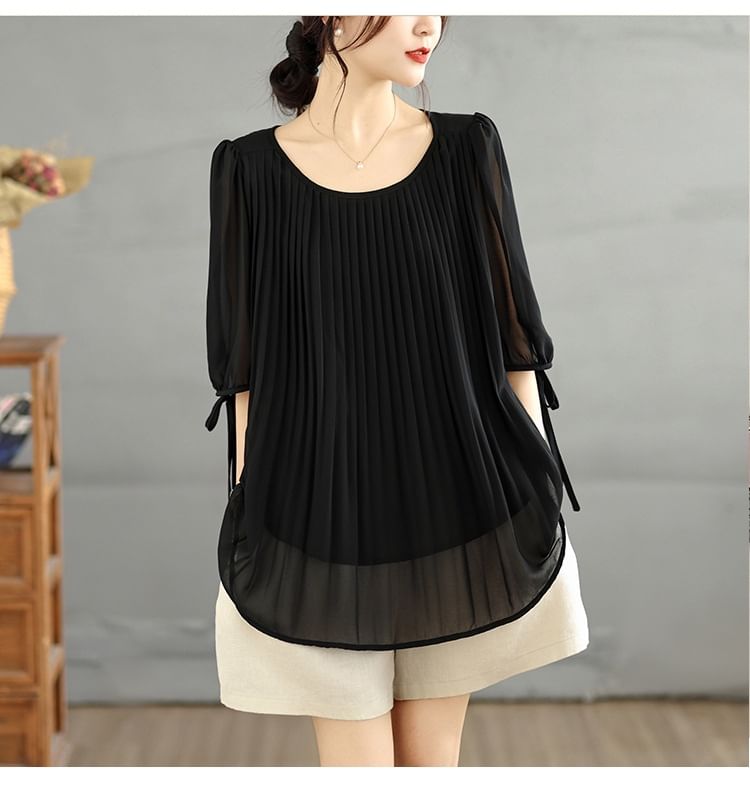 Scoop Neck Pleated Elbow Sleeve Blouse