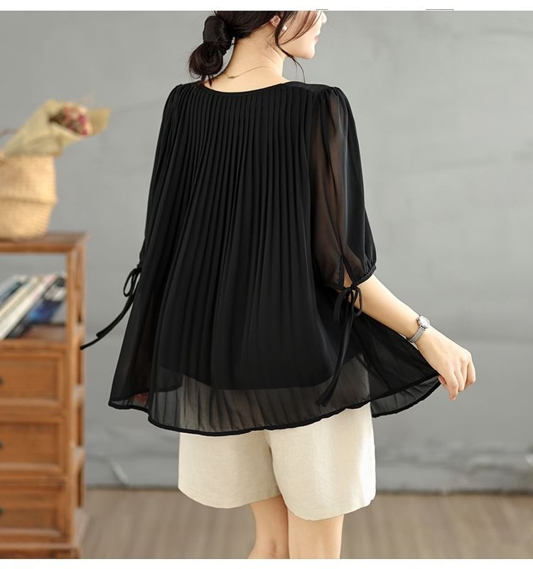 Scoop Neck Pleated Elbow Sleeve Blouse