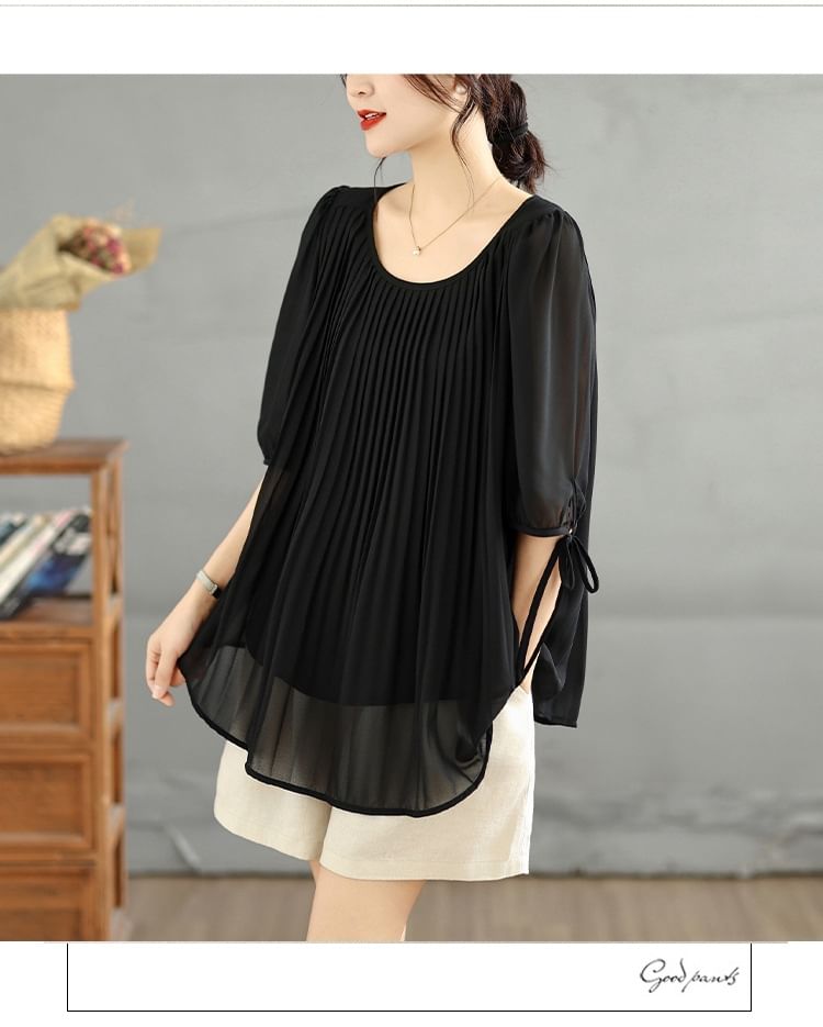 Scoop Neck Pleated Elbow Sleeve Blouse