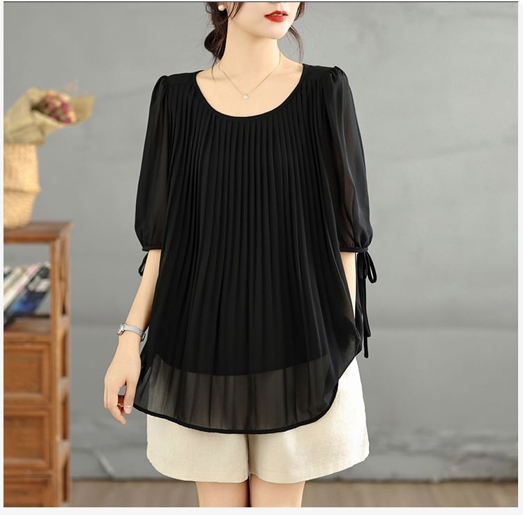 Scoop Neck Pleated Elbow Sleeve Blouse