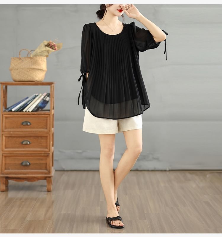 Scoop Neck Pleated Elbow Sleeve Blouse