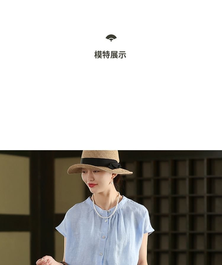 Cap Sleeve Band Collar Linen Button Up Shirt