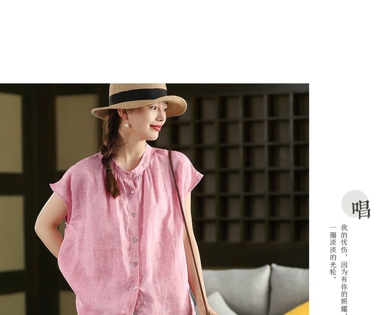 Cap Sleeve Band Collar Linen Button Up Shirt