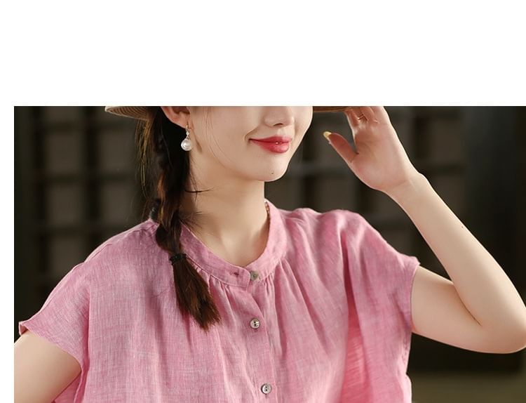 Cap Sleeve Band Collar Linen Button Up Shirt