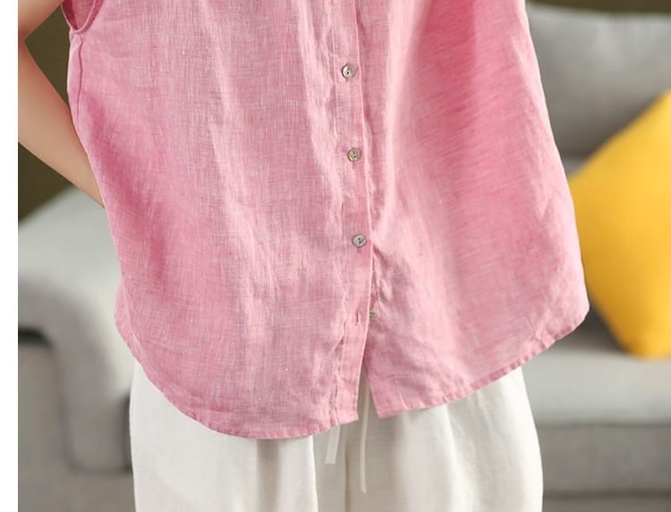 Cap Sleeve Band Collar Linen Button Up Shirt