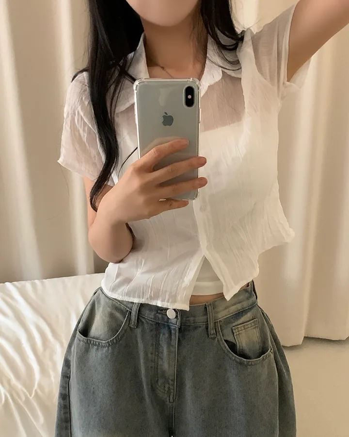 Short Sleeve Collared Sheer Button Up Shirt
