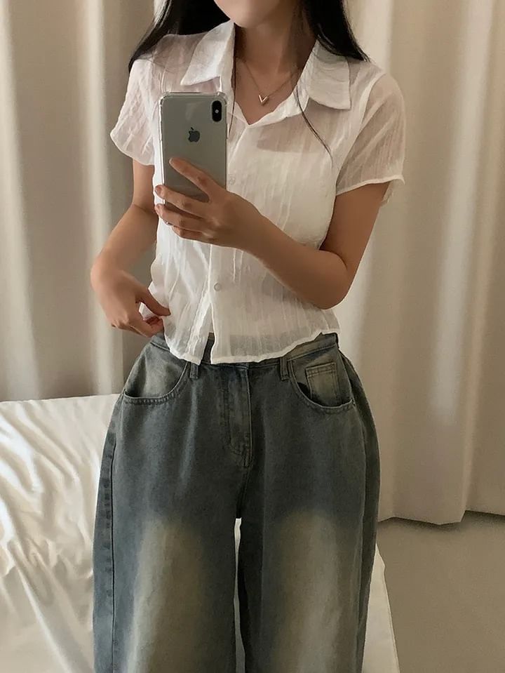 Short Sleeve Collared Sheer Button Up Shirt
