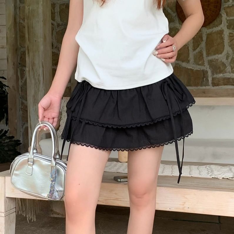 High Waist Plain Lace Trim Layered Mini A-Line Skirt