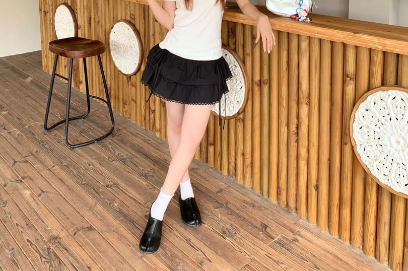 High Waist Plain Lace Trim Layered Mini A-Line Skirt