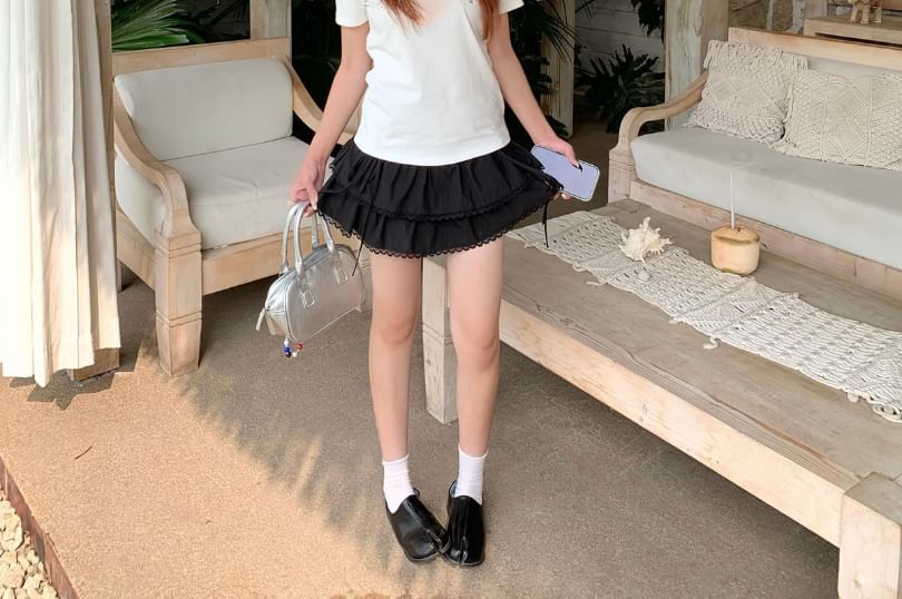 High Waist Plain Lace Trim Layered Mini A-Line Skirt