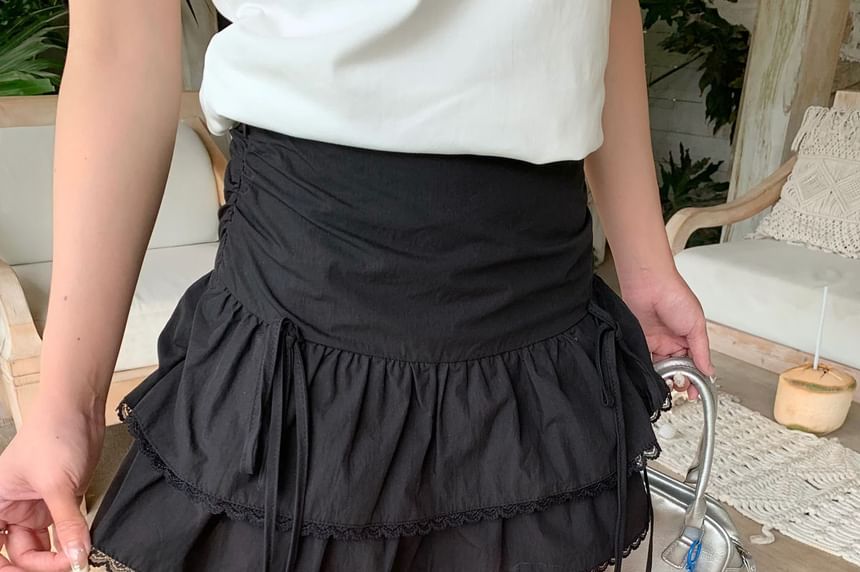 High Waist Plain Lace Trim Layered Mini A-Line Skirt