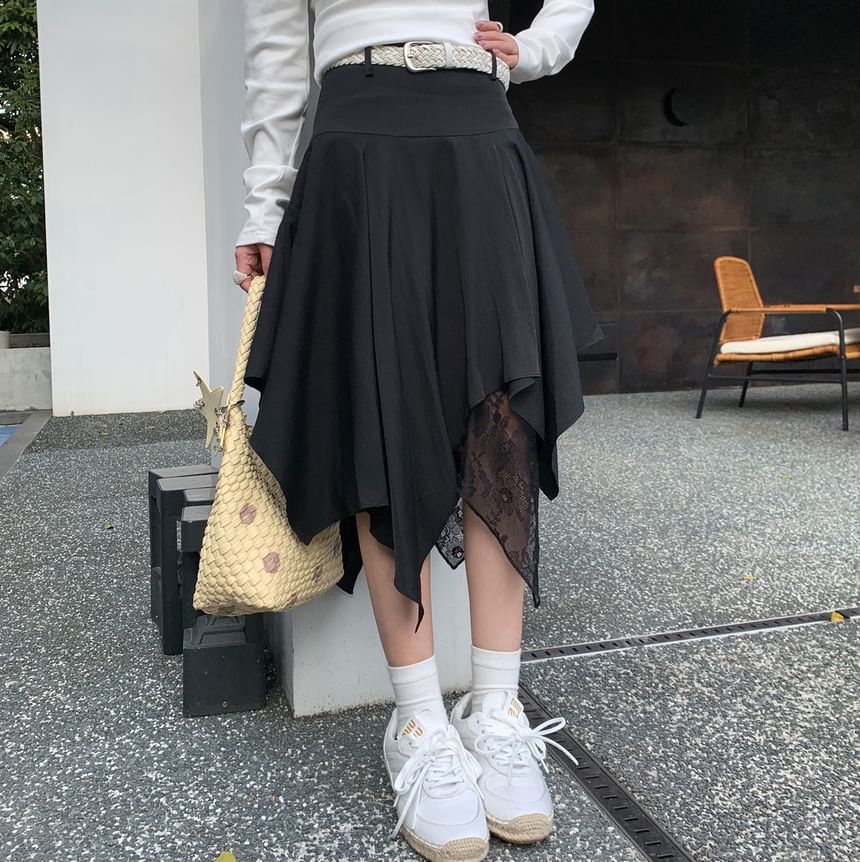 High Waist Asymmetrical Lace Panel Midi A-Line Skirt