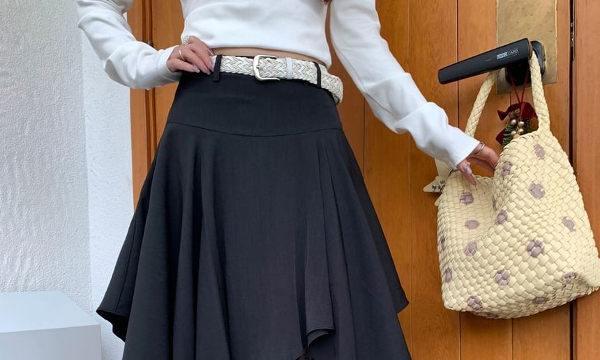 High Waist Asymmetrical Lace Panel Midi A-Line Skirt