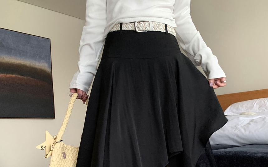 High Waist Asymmetrical Lace Panel Midi A-Line Skirt