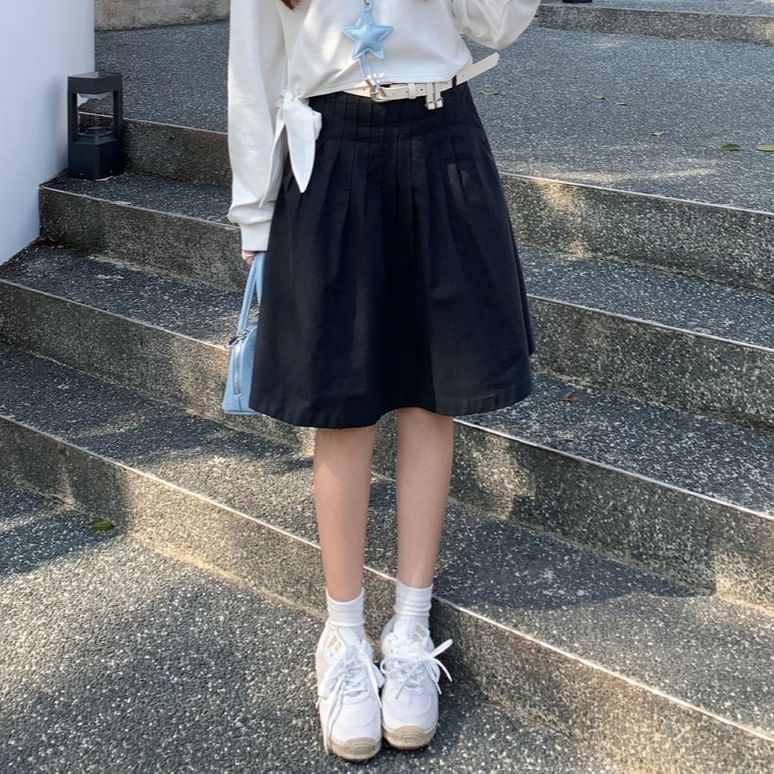 High Waist Plain Pleated A-Line Skirt