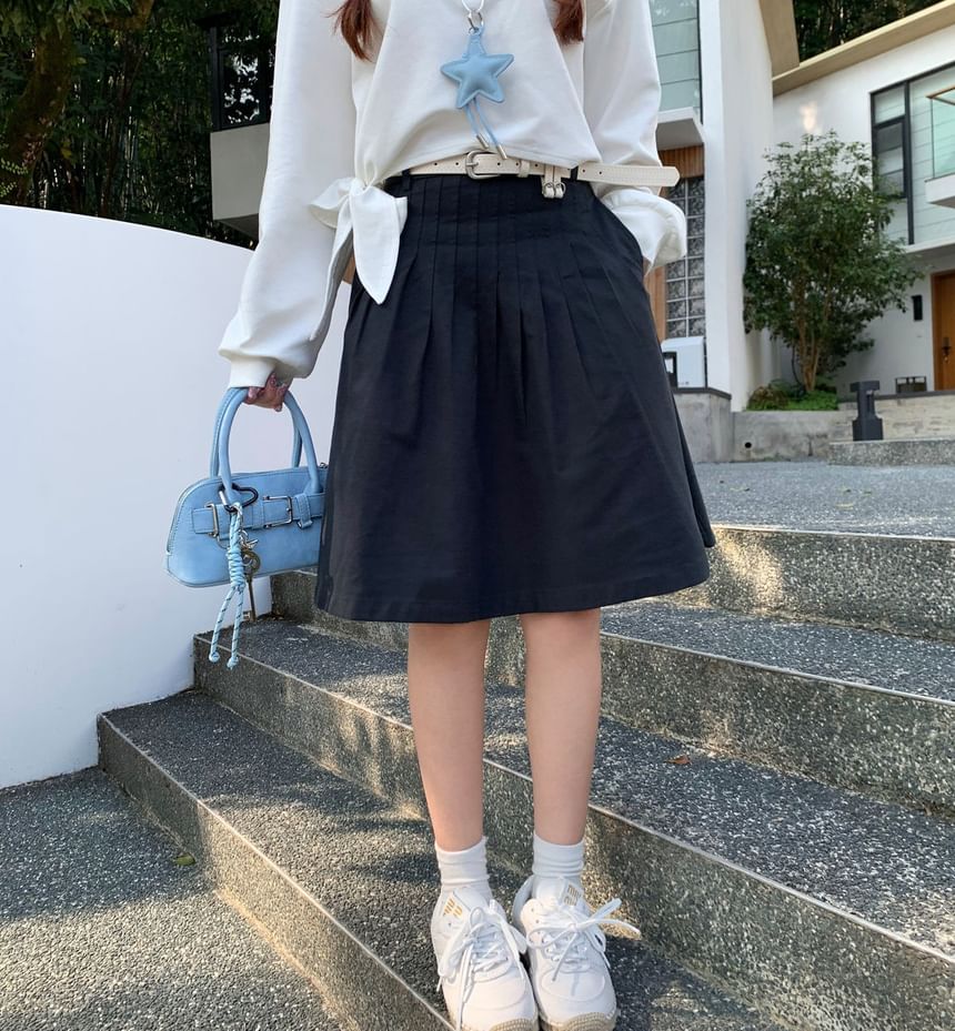 High Waist Plain Pleated A-Line Skirt