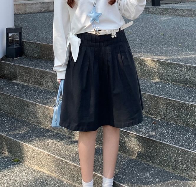 High Waist Plain Pleated A-Line Skirt