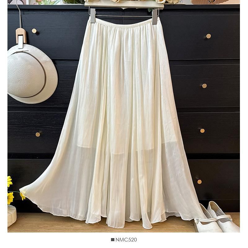 High Waist Plain Sheer Maxi A-Line Skirt