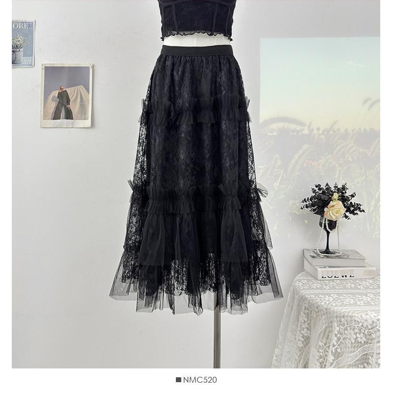 High Waist Mesh Panel Ruffle Trim Lace Midi A-Line Skirt