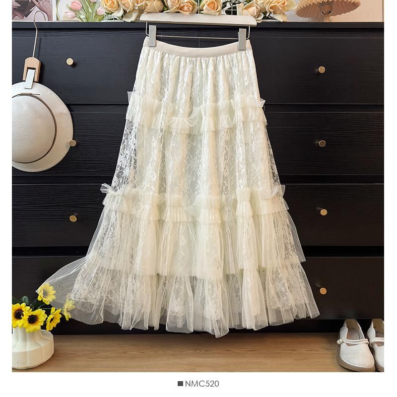 High Waist Mesh Panel Ruffle Trim Lace Midi A-Line Skirt