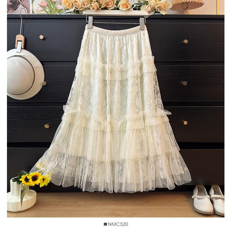 High Waist Mesh Panel Ruffle Trim Lace Midi A-Line Skirt
