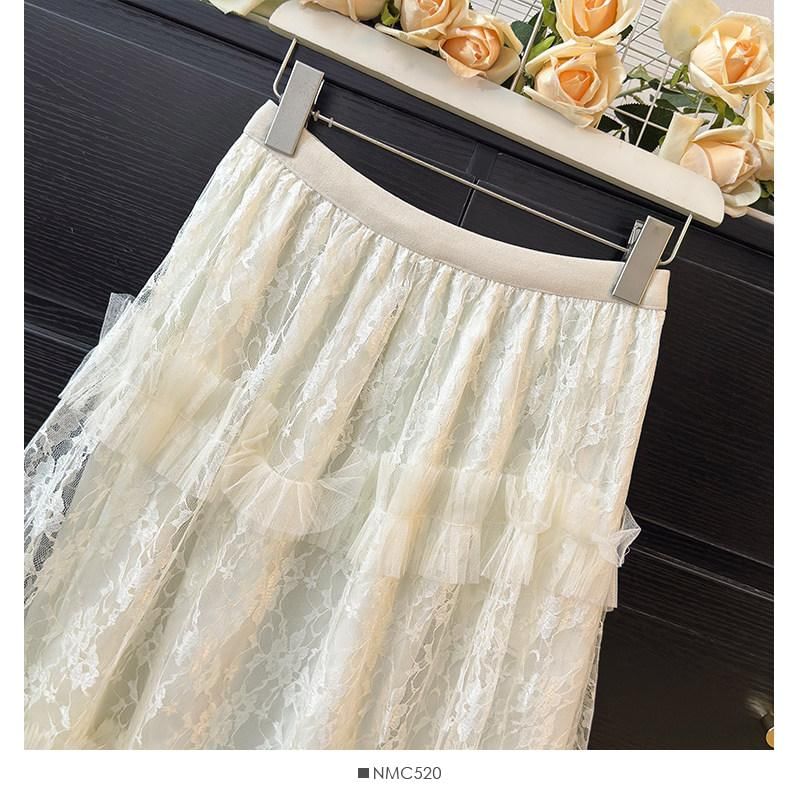 High Waist Mesh Panel Ruffle Trim Lace Midi A-Line Skirt