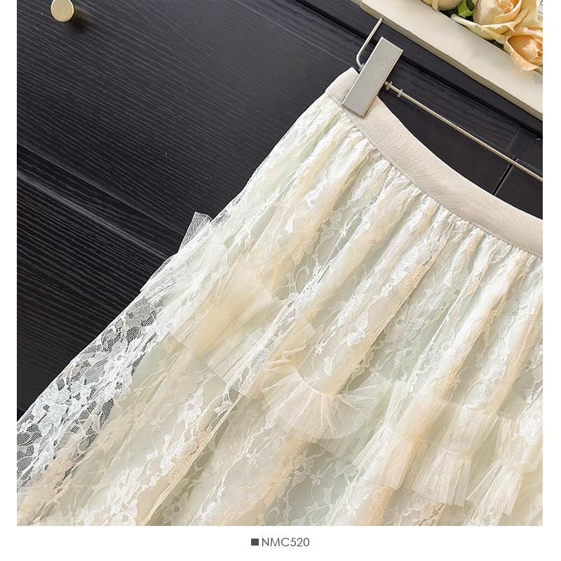High Waist Mesh Panel Ruffle Trim Lace Midi A-Line Skirt