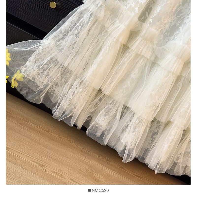 High Waist Mesh Panel Ruffle Trim Lace Midi A-Line Skirt