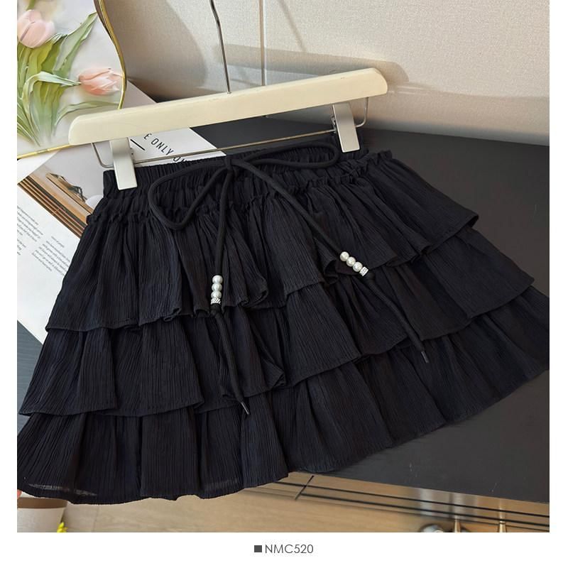 Drawstring Waist Plain Tiered Ruffle Mini A-Line Skirt