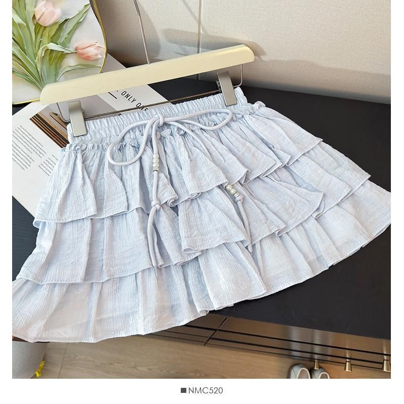 Drawstring Waist Plain Tiered Ruffle Mini A-Line Skirt