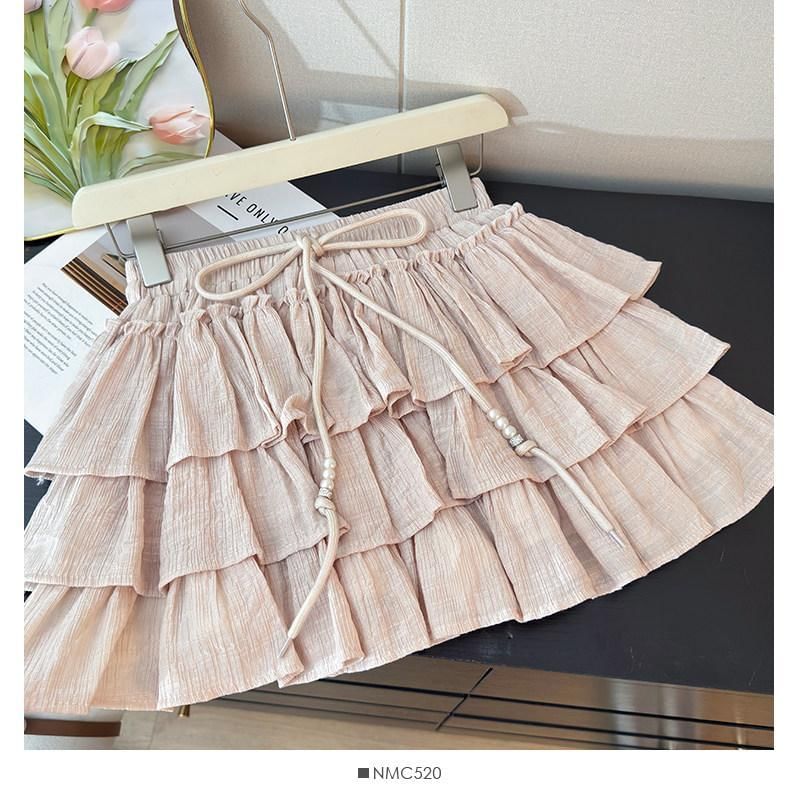 Drawstring Waist Plain Tiered Ruffle Mini A-Line Skirt
