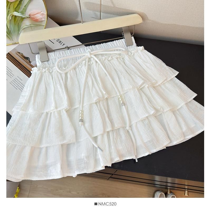 Drawstring Waist Plain Tiered Ruffle Mini A-Line Skirt