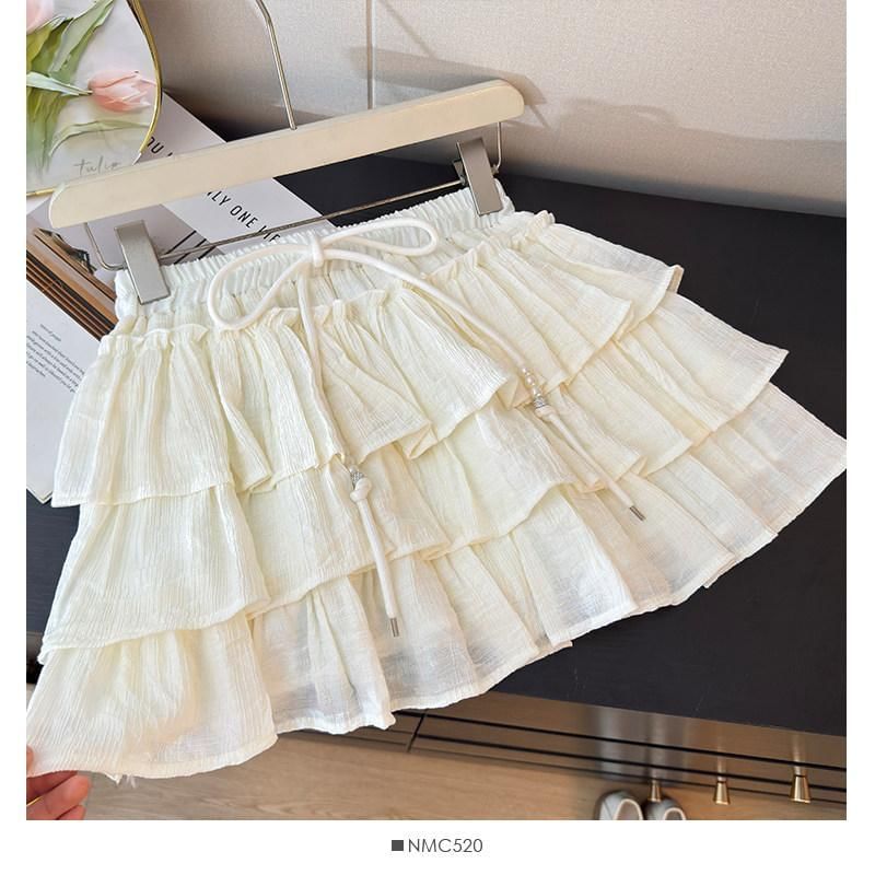 Drawstring Waist Plain Tiered Ruffle Mini A-Line Skirt