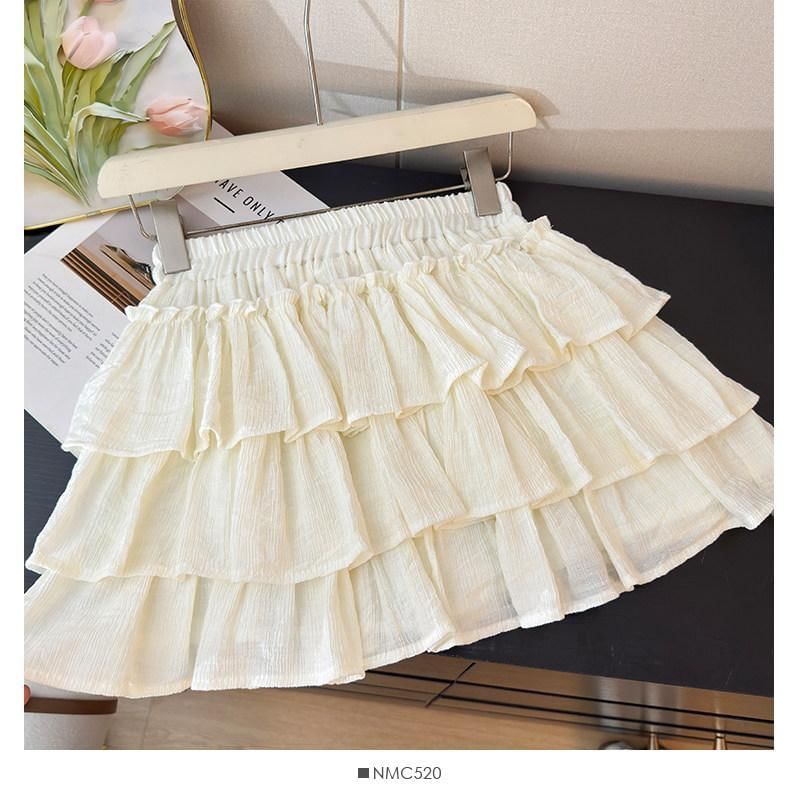 Drawstring Waist Plain Tiered Ruffle Mini A-Line Skirt