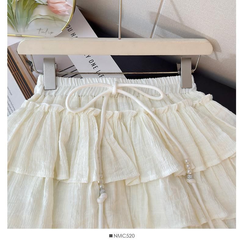 Drawstring Waist Plain Tiered Ruffle Mini A-Line Skirt