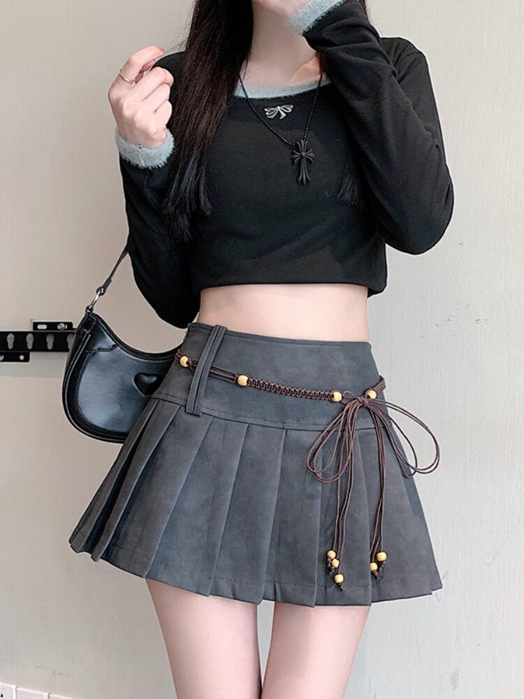 High Waist Plain Faux Suede Mini Pleated Skirt