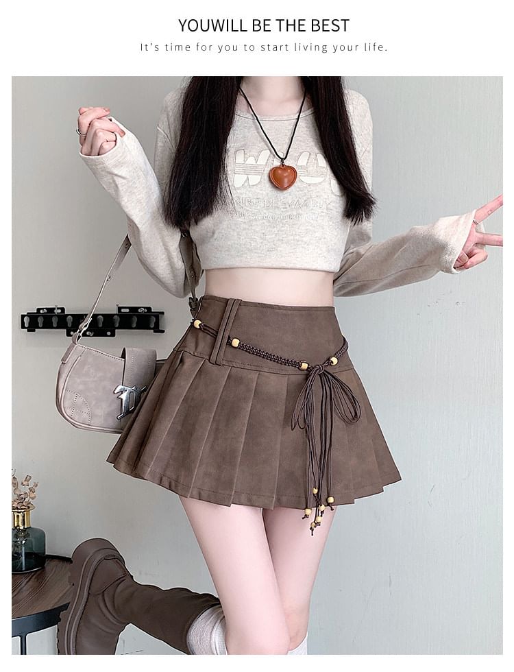 High Waist Plain Faux Suede Mini Pleated Skirt