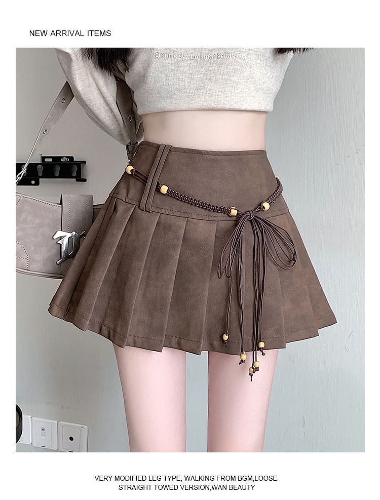 High Waist Plain Faux Suede Mini Pleated Skirt