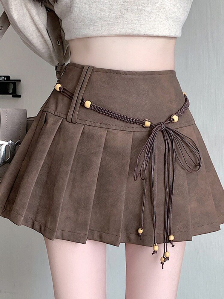 High Waist Plain Faux Suede Mini Pleated Skirt