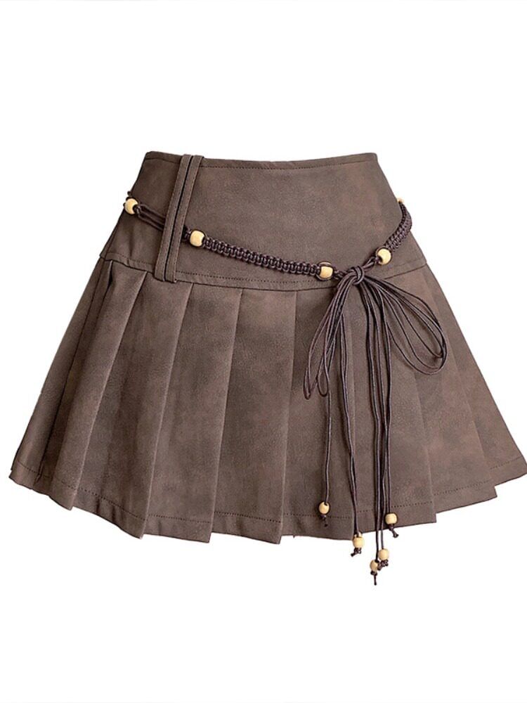 High Waist Plain Faux Suede Mini Pleated Skirt