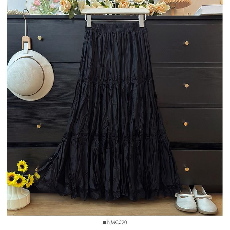 Mid Waist Lace Trim Maxi A-Line Skirt