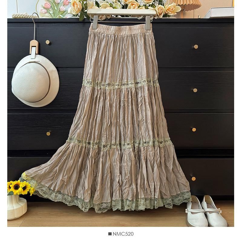 Mid Waist Lace Trim Maxi A-Line Skirt