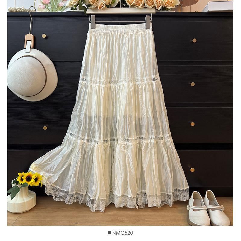 Mid Waist Lace Trim Maxi A-Line Skirt