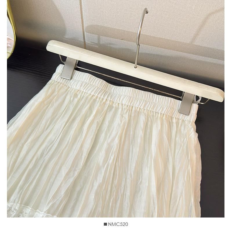 Mid Waist Lace Trim Maxi A-Line Skirt