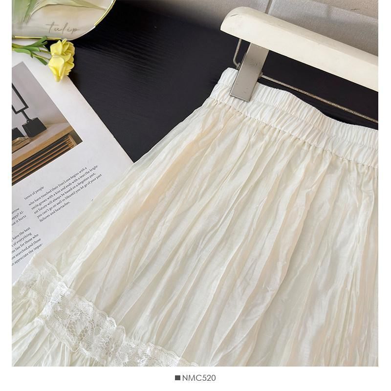Mid Waist Lace Trim Maxi A-Line Skirt