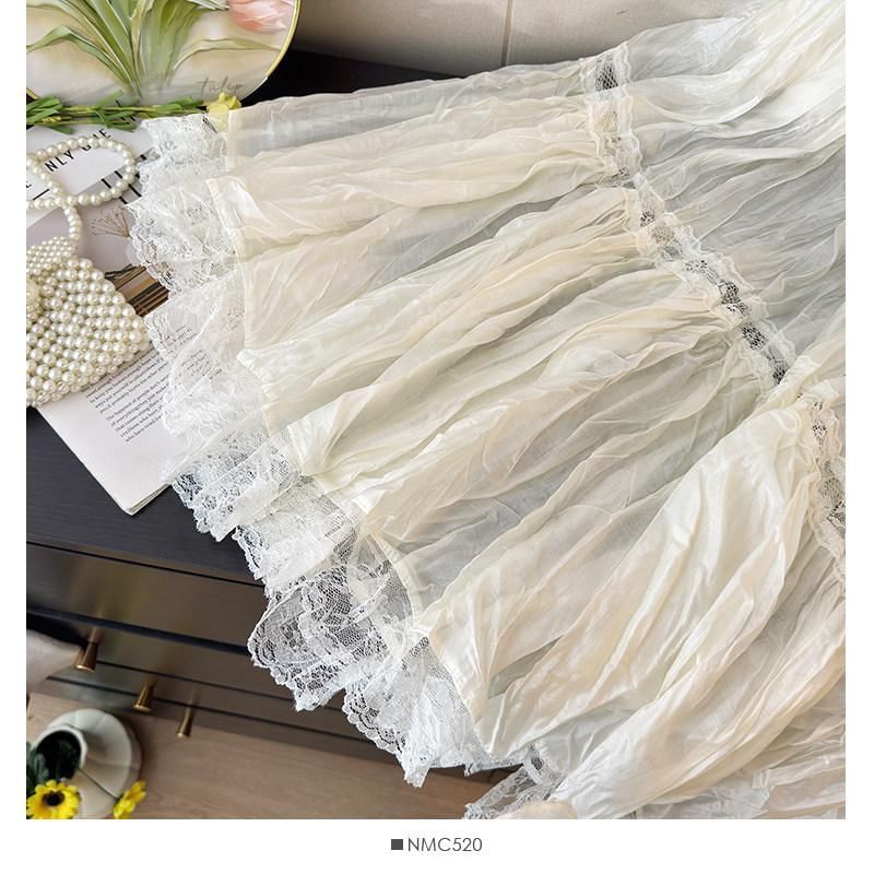 Mid Waist Lace Trim Maxi A-Line Skirt