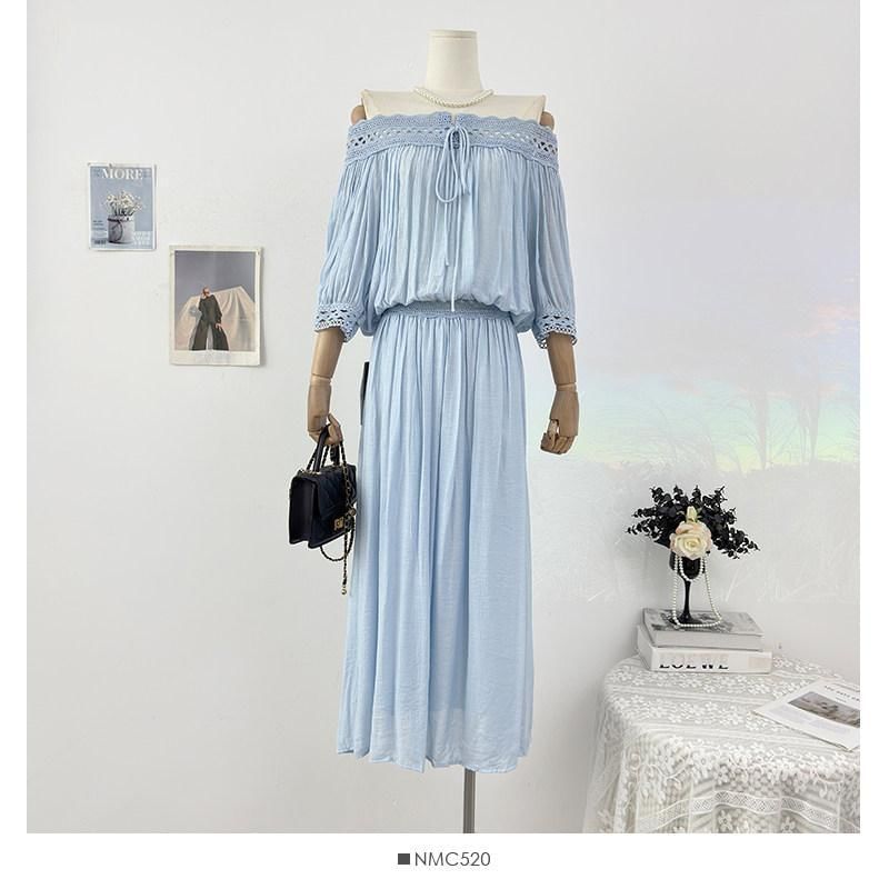 Set: Long-Sleeve Off Shoulder Perforated Blouse + High Waist Midi Skirt