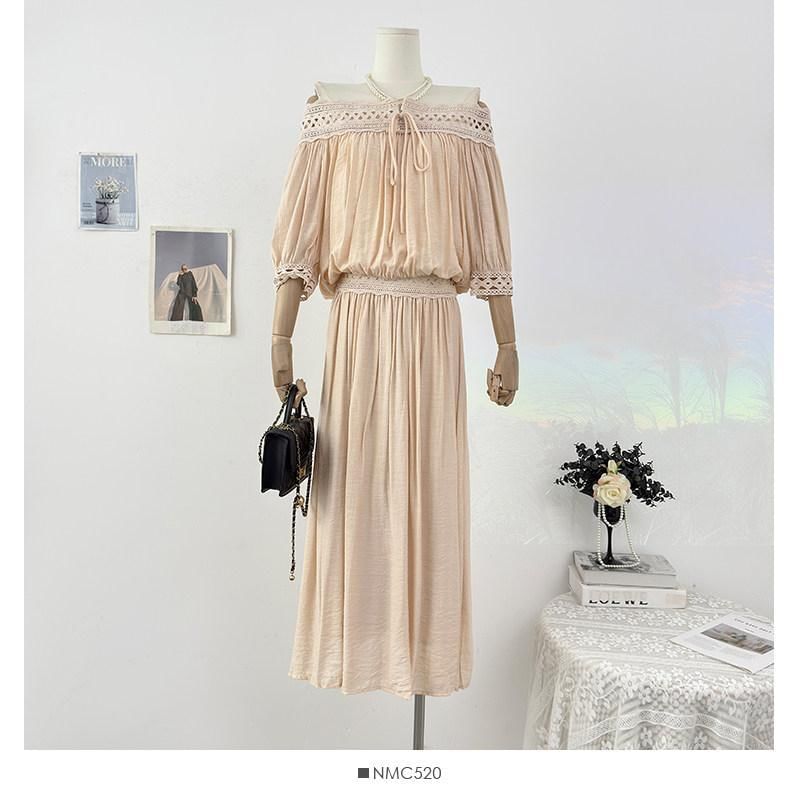 Set: Long-Sleeve Off Shoulder Perforated Blouse + High Waist Midi Skirt