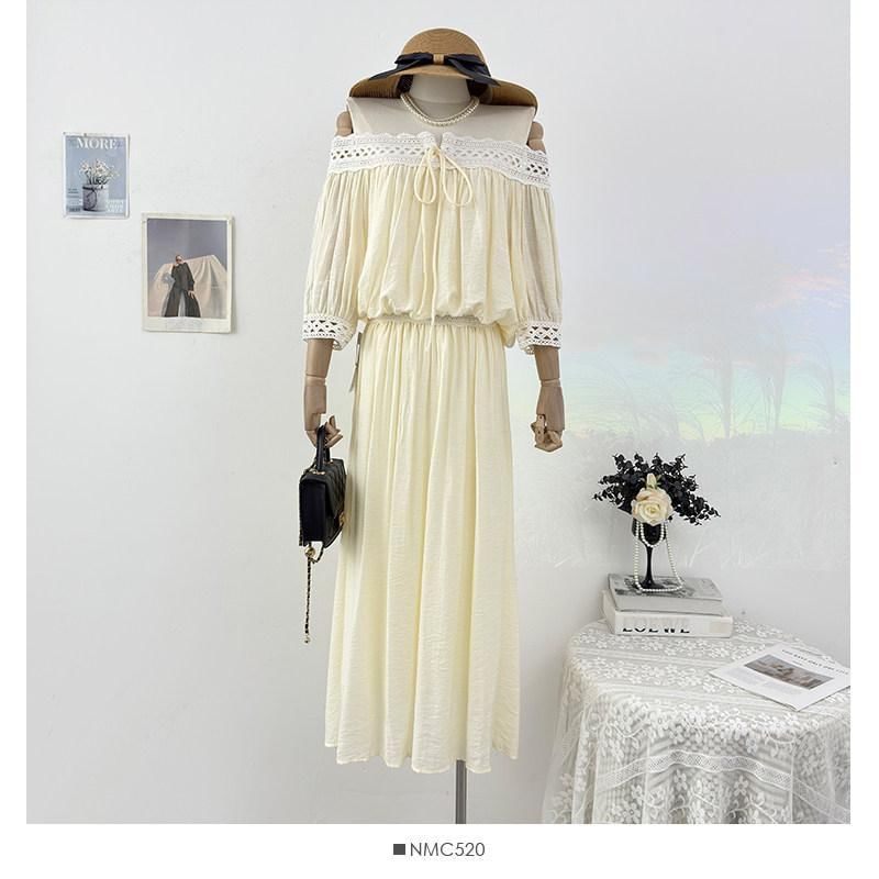 Set: Long-Sleeve Off Shoulder Perforated Blouse + High Waist Midi Skirt